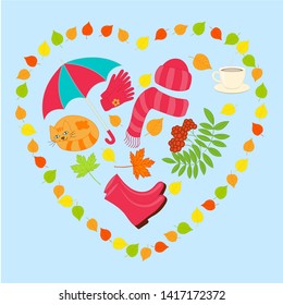 Vector colorful autumn set in a heart of leaves: umbrella, boots, gloves, Rowan, cat, tea, hat on blue background