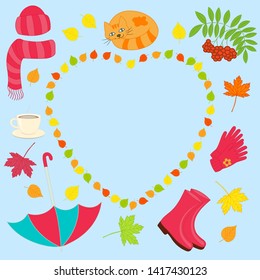 Vector colorful autumn set in a heart of leaves: umbrella, boots, gloves, rowan, cat, tea, hat on blue background