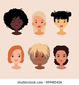 Vector colorful avatar set of pretty different nationality girls