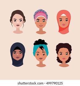 Vector colorful avatar set of pretty different arabic girls