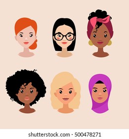 Vector colorful avatar set of pretty different nationality girls