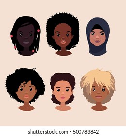 Vector colorful avatar set of pretty different nationality girls