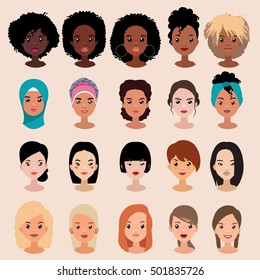 Vector colorful avatar set of pretty different nationality girls