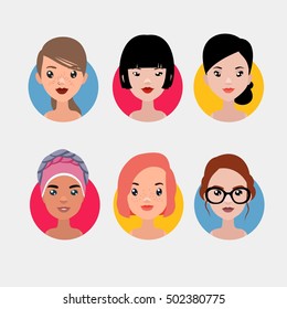 Vector colorful avatar set of pretty different nationality girls