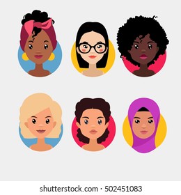 Vector colorful avatar set of pretty different nationality girls