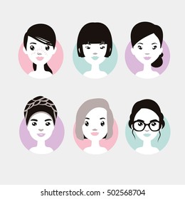 Vector colorful avatar set of pretty different nationality girls