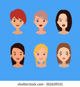 Vector colorful avatar set of pretty different nationality girls