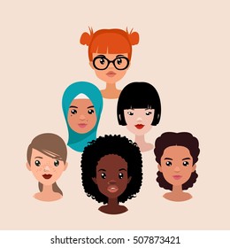 Vector colorful avatar set of pretty different nationality girls