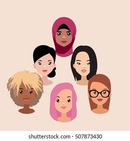 Vector colorful avatar set of pretty different nationality girls