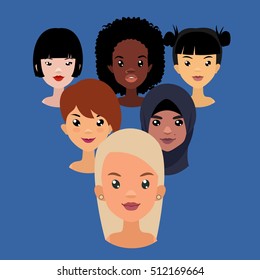 Vector colorful avatar set of pretty different nationality girls