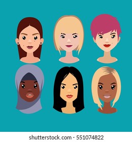Vector colorful avatar set of pretty different nationality girls