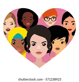Vector colorful avatar set of pretty different nationality girls in heart shape