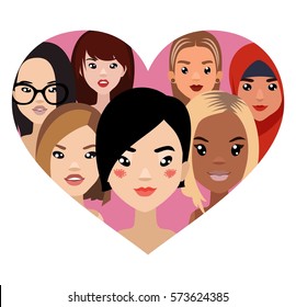 Vector colorful avatar set of pretty different nationality girls in heart shape
