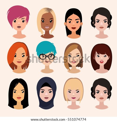 Vector colorful avatar set of pretty different nationality girls