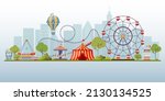 Vector colorful background of amusement park. Urban landscape with carousels, roller coaster and air balloon. Carnival theme vector illustration.