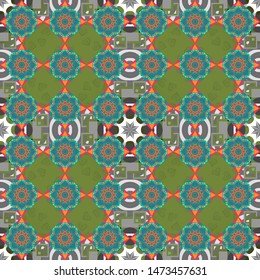 Vector colorful background. Bohemian flower mandala in blue, green and gray colors. Seamless pattern with natural mandala flat lay, zen, yoga, meditation, still life mandala.