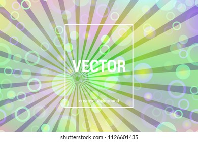 Vector colorful background with bokeh circles and rays in trendy colors.