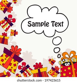 vector colorful background with cartoon gifts. Vector  card for use in design