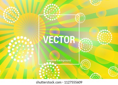 Vector colorful background with circular shapes and rays in trendy colors.