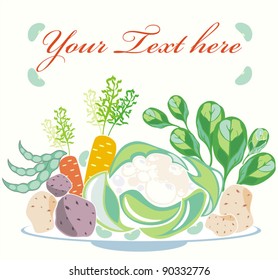 vector colorful background with decorative fresh  vegetables on the plate and place for your text