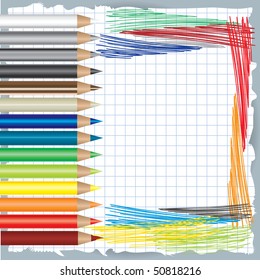 Vector colorful background with drawing and color pencils
