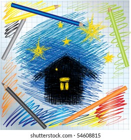 Vector colorful background with drawing and color pencils