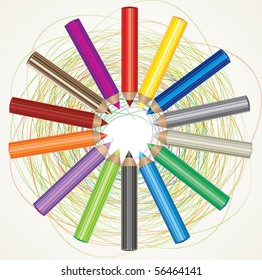 Vector colorful background with drawing and color pencils