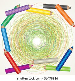 Vector colorful background with drawing and color pencils