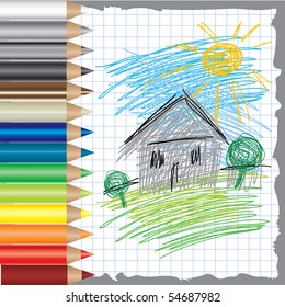 Vector colorful background with drawing of house and color pencils
