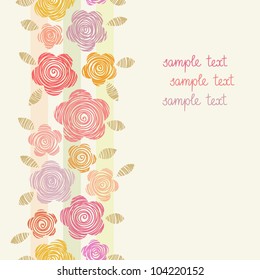 Vector colorful background with flowers of doodles made using stencil. Floral seamless pattern in hand draw style. Abstract simple ornamental illustration. Greeting card for holiday with text box.