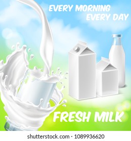 Vector colorful background with fresh milk, pouring in drinking glass and splashing. Realistic set with bottle, white packages, cardboard boxes for natural dairy products. Mockup for brand advertising