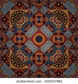 Vector colorful background, geometric doodle ornate seamless pattern. Bandanna shawl, tablecloth fabric print, silk neck scarf, kerchief design in black, gray and orange colors.
