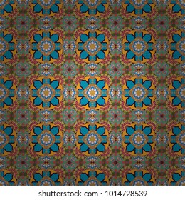 Vector colorful background, geometric doodle ornate seamless pattern. Bandanna shawl, tablecloth fabric print, silk neck scarf, kerchief design in green, blue and orange colors.