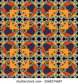 Vector colorful background, geometric doodle ornate seamless pattern. Bandanna shawl, tablecloth fabric print, silk neck scarf, kerchief design in gray, brown and orange colors.