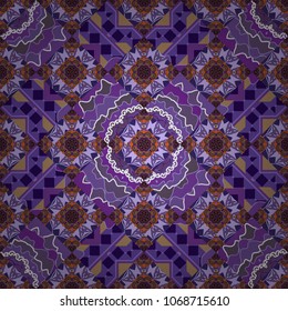 Vector colorful background, geometric doodle ornate seamless pattern. Bandanna shawl, tablecloth fabric print, silk neck scarf, kerchief design in purple, violet and brown colors.