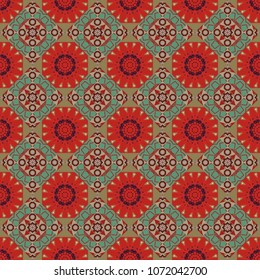 Vector colorful background, geometric doodle ornate seamless pattern. Bandanna shawl, tablecloth fabric print, silk neck scarf, kerchief design in red, green and brown colors.