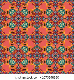 Vector colorful background, geometric doodle ornate seamless pattern. Bandanna shawl, tablecloth fabric print, silk neck scarf, kerchief design in red, blue and pink colors.