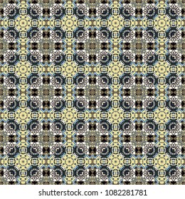 Vector colorful background, geometric doodle ornate seamless pattern. Bandanna shawl, tablecloth fabric print, silk neck scarf, kerchief design in beige, gray and black colors.