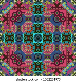 Vector colorful background, geometric doodle ornate seamless pattern. Bandanna shawl, tablecloth fabric print, silk neck scarf, kerchief design in blue, brown and magenta colors.