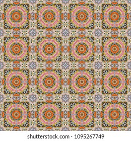 Vector colorful background, geometric doodle ornate seamless pattern. Bandanna shawl, tablecloth fabric print, silk neck scarf, kerchief design in brown, red and gray colors.