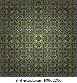 Vector colorful background, geometric doodle ornate seamless pattern. Bandanna shawl, tablecloth fabric print, silk neck scarf, kerchief design in gray, blue and green colors.