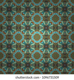 Vector colorful background, geometric doodle ornate seamless pattern. Bandanna shawl, tablecloth fabric print, silk neck scarf, kerchief design in green, brown and blue colors.