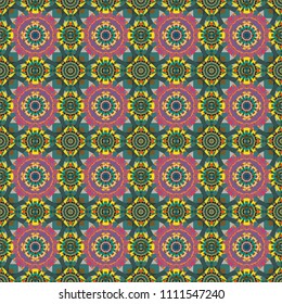 Vector colorful background, geometric doodle ornate seamless pattern. Bandanna shawl, tablecloth fabric print, silk neck scarf, kerchief design in green, blue and purple colors.