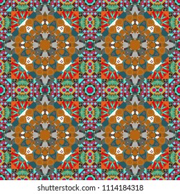 Vector colorful background, geometric doodle ornate seamless pattern. Bandanna shawl, tablecloth fabric print, silk neck scarf, kerchief design in blue, green and brown colors.