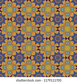 Vector colorful background, geometric doodle ornate seamless pattern. Bandanna shawl, tablecloth fabric print, silk neck scarf, kerchief design in brown, blue and gray colors.