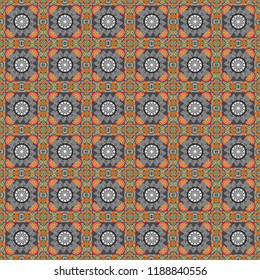Vector colorful background, geometric doodle ornate seamless pattern. Bandanna shawl, tablecloth fabric print, silk neck scarf, kerchief design in orange, brown and gray colors.