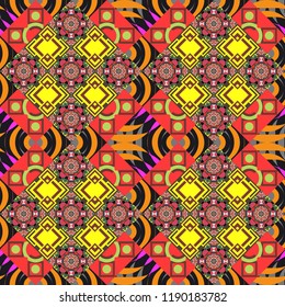 Vector colorful background, geometric doodle ornate seamless pattern. Bandanna shawl, tablecloth fabric print, silk neck scarf, kerchief design in red, black and brown colors.