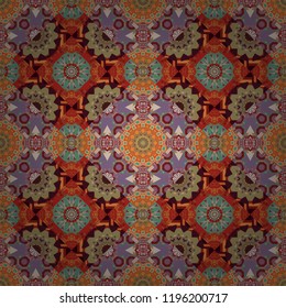 Vector colorful background, geometric doodle ornate seamless pattern. Bandanna shawl, tablecloth fabric print, silk neck scarf, kerchief design in red, green and brown colors.