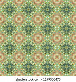 Vector colorful background, geometric doodle ornate seamless pattern. Bandanna shawl, tablecloth fabric print, silk neck scarf, kerchief design in yellow, gray and green colors.