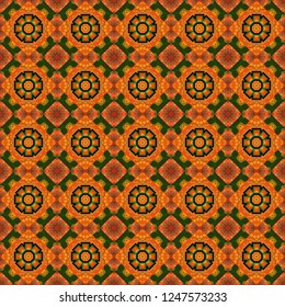 Vector colorful background, geometric doodle ornate seamless pattern. Bandanna shawl, tablecloth fabric print, silk neck scarf, kerchief design in green, orange and red colors.